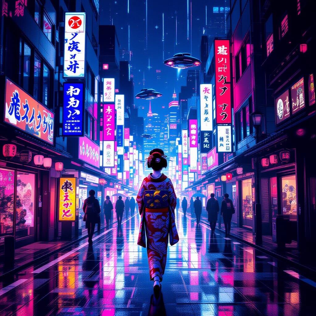 Cyberpunk Geisha Walks Tokyo Street: Ukiyo-e Style