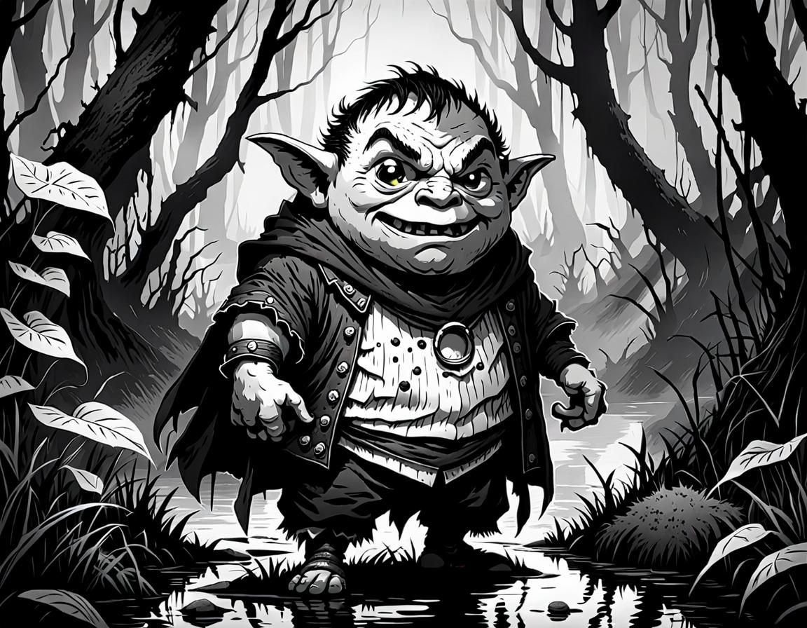 Evil Swamp Boggart in Black and White Line Art