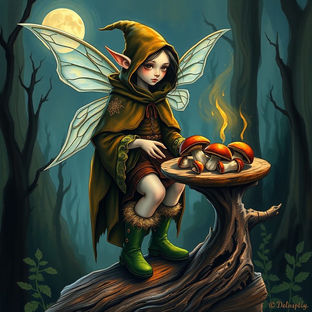 Mystical Fairy Elf Serving Mushrooms in Moonlit Forest