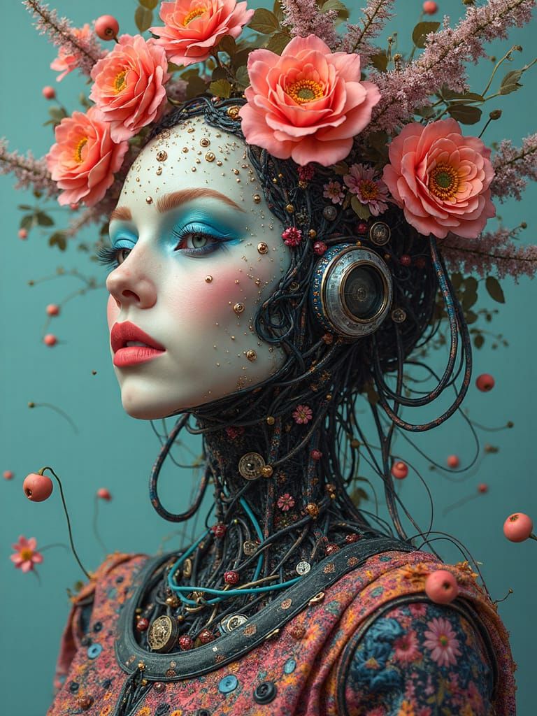 Glowing Electropunk Robot Priestess Amidst Vibrant Florals