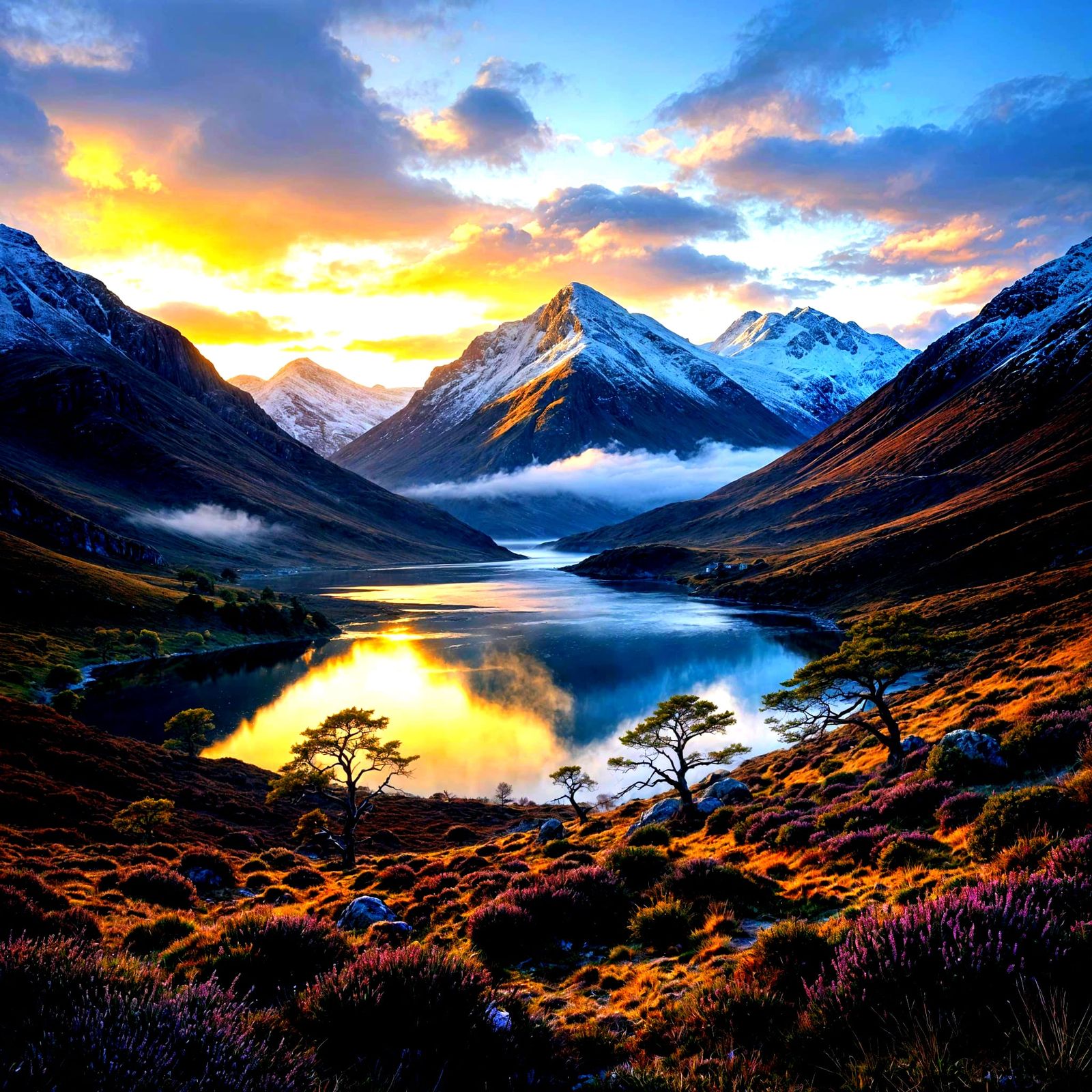 Scottish Highlands Dawn Landscape: Majestic Mountains and Lo...