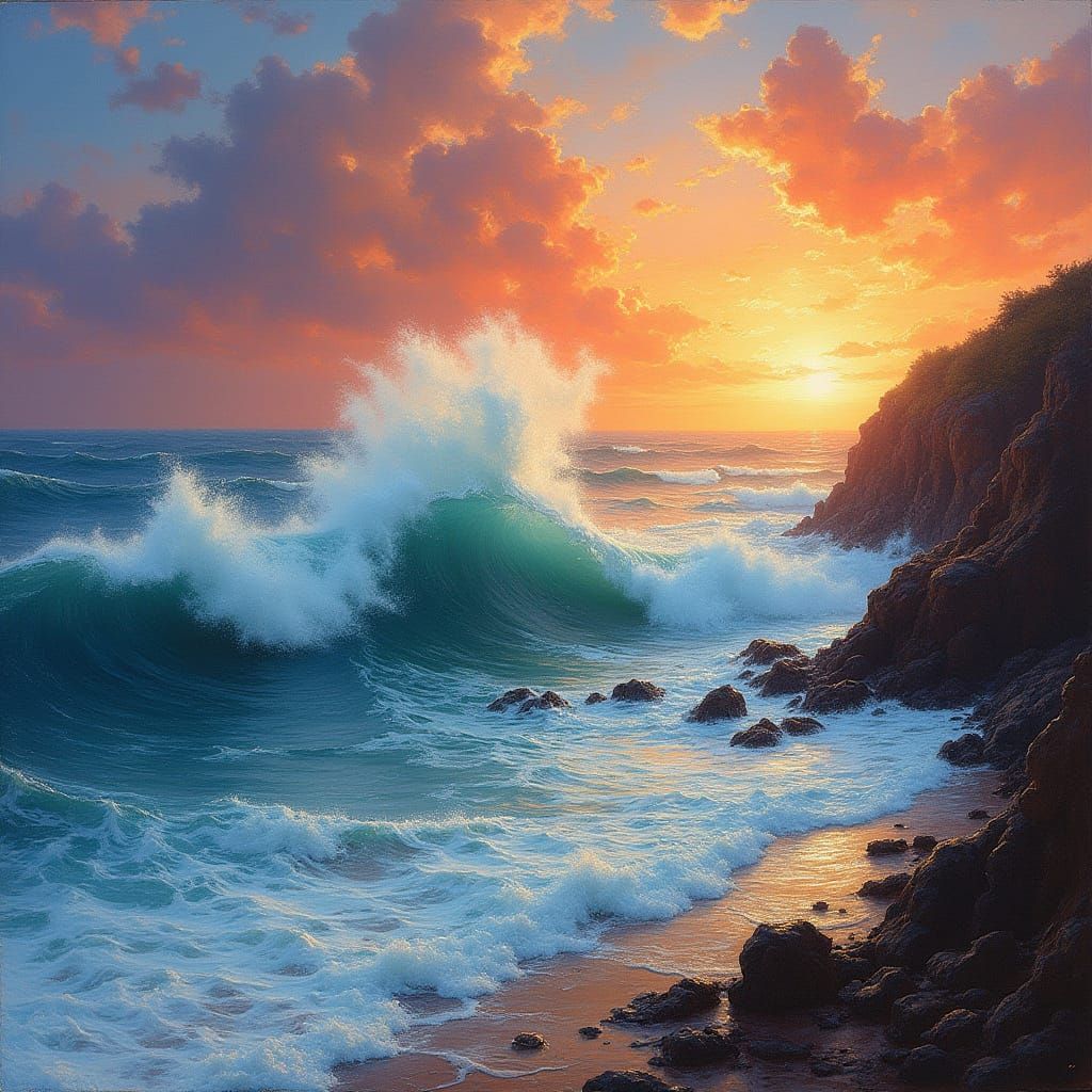 Ethereal Sunset on Turbulent Waves in Vibrant Romantic Style