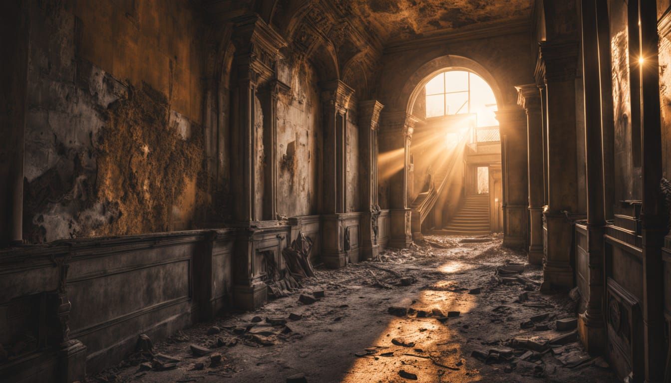Ethereal Abandoned Corridor Illuminated by a Ray of Golden L...