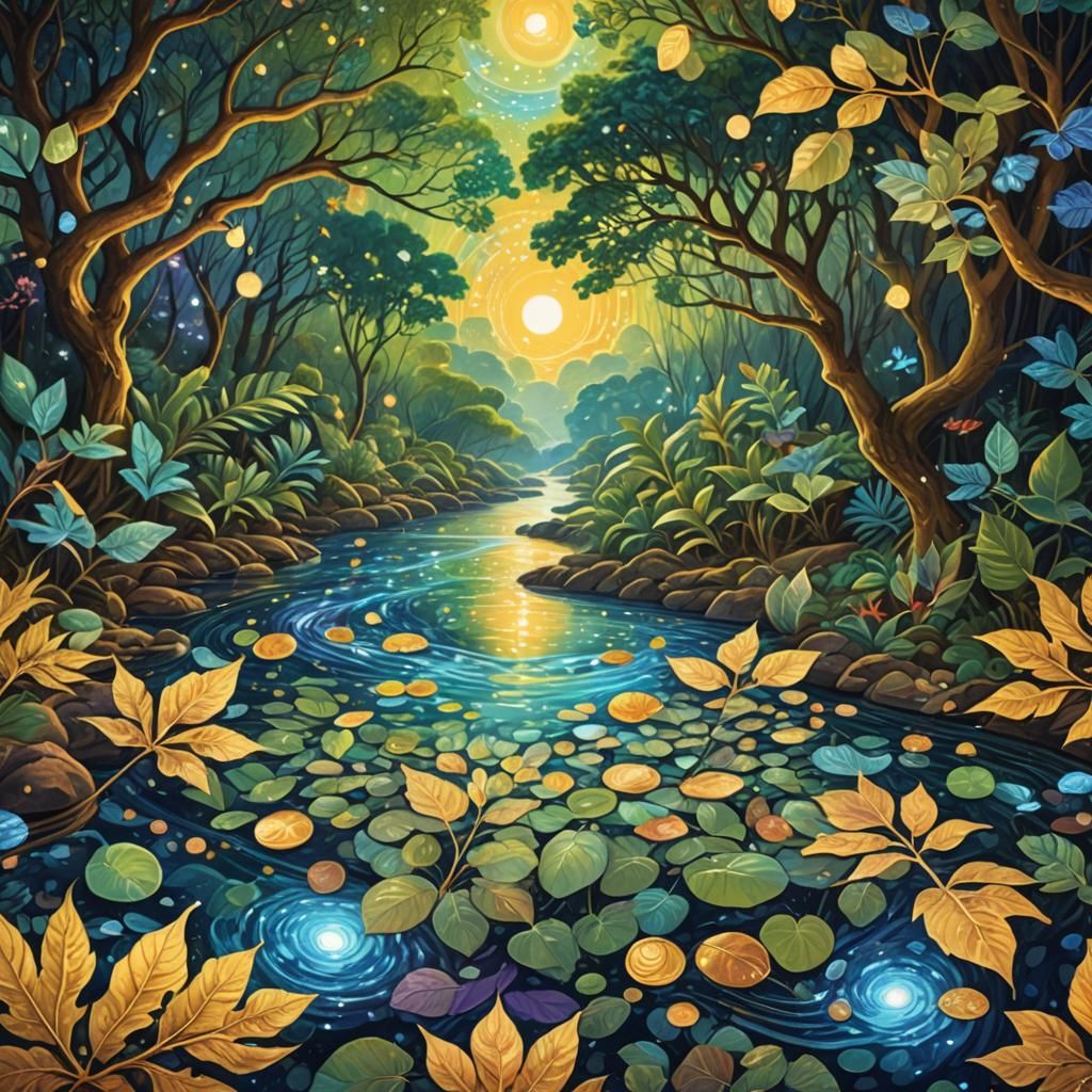 Golden River: Astral Illustration in Mixed Media