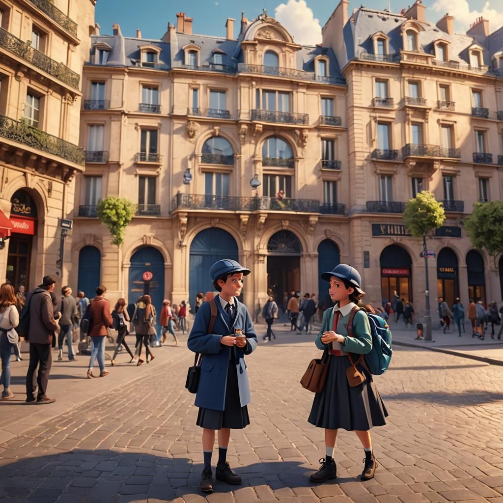 French School Children in Paris: Pixar Style