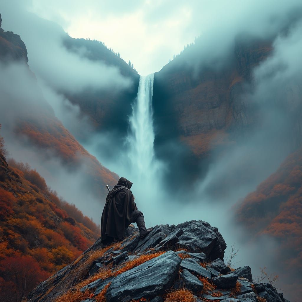 Traveler Watches Autumn Waterfall in Dramatic Light