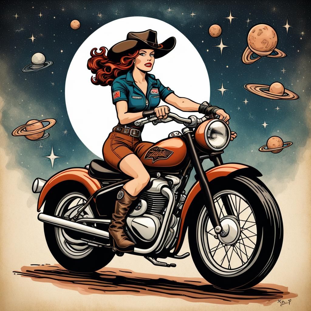 Space Cowgirl on Triumph Motorcycle in Sailor Jerry Style