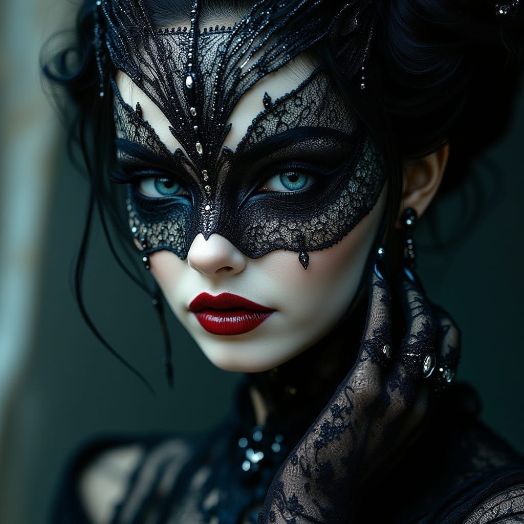 Gothic Fantasy Portrait of a Woman in Black Lace Mask