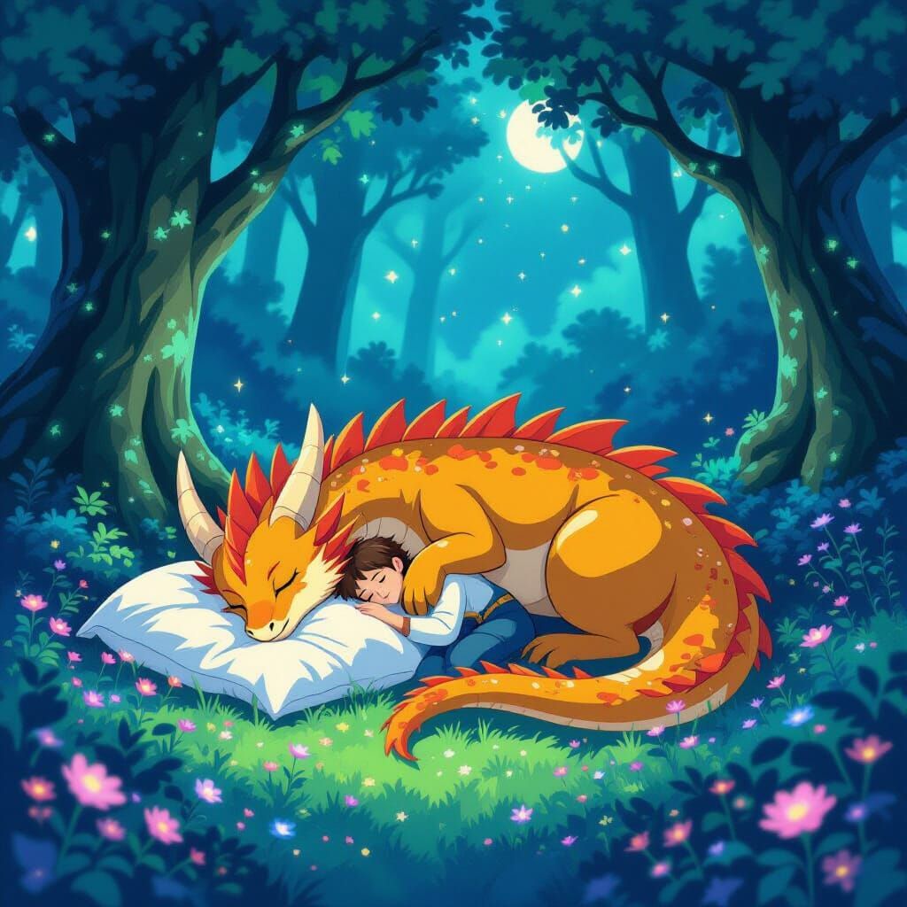 Dragon Protects Sleeping Prince in Enchanted Glade