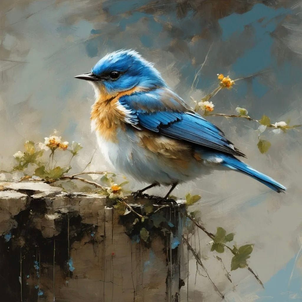 Baby Bluebird on Stone Ledge: Detailed Matte Painting