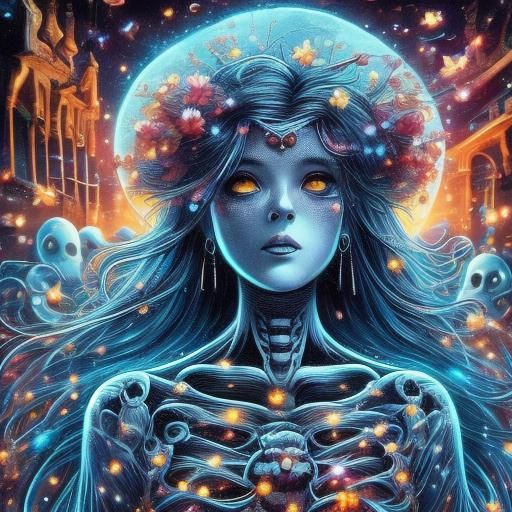 Cute Ghost Girl in 80s Style with Skeletons