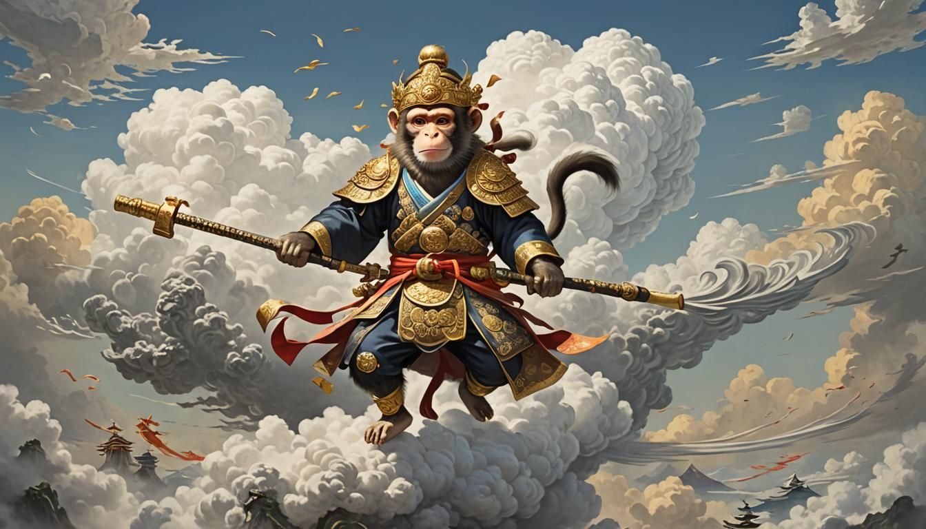 Monkey Warrior Ascends on Cloud Journey