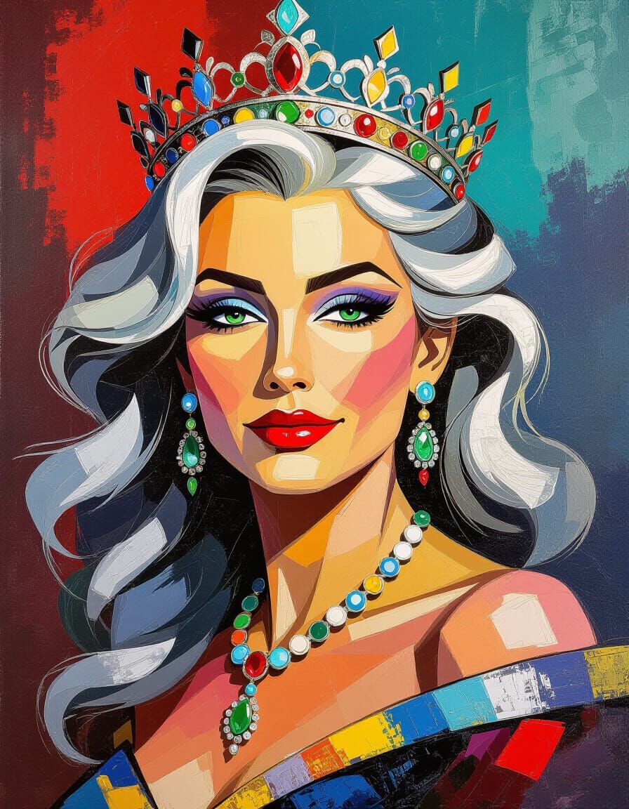 Regal Queen in Impasto Style with Silver Hair