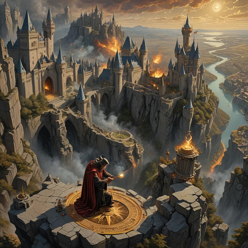 Magician on Cliffside Preparing Spell, Detailed Matte Painti...