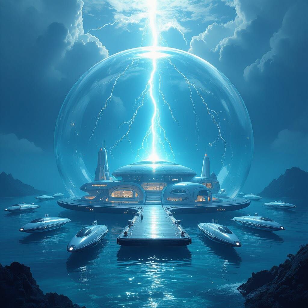 Futuristic Underwater Village in Giant Bubble with Lightning