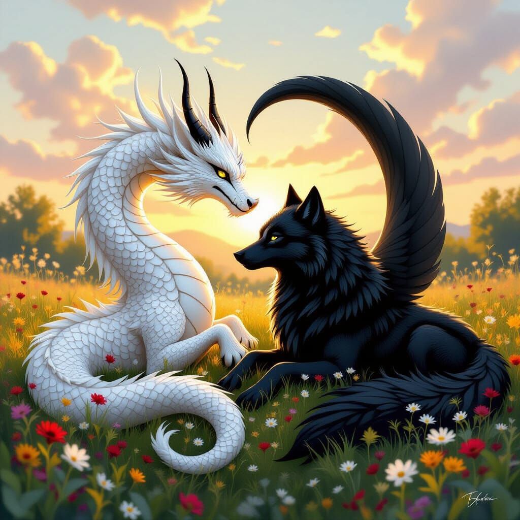 Dragon and Wolf Yin Yang in Flowery Meadow