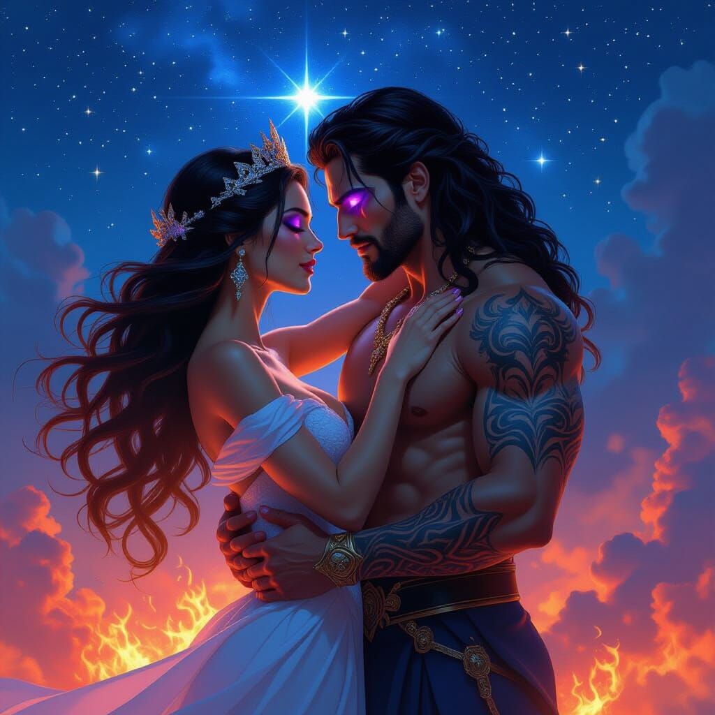 Godlike King and Queen Embrace Under Created Starry Sky