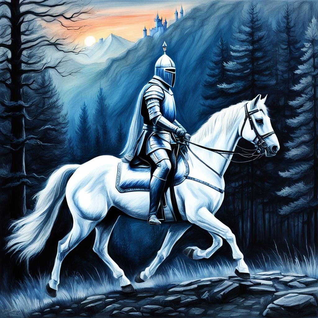 Blue Knight on White Horse: Charcoal Drawing