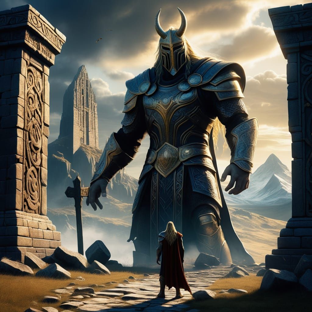 Norse Gods Face Mysterious Figure at Asgard's Ruins
