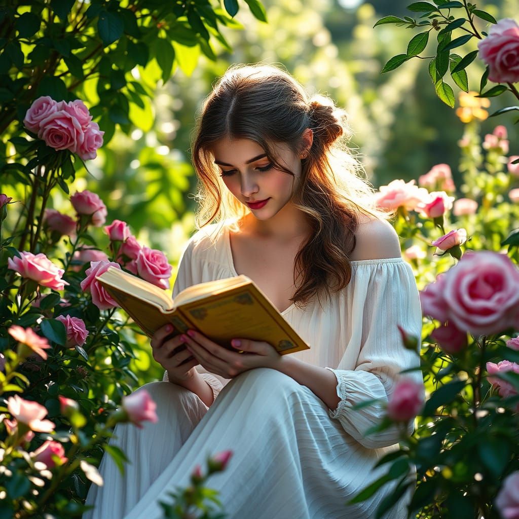 A Young Woman in a Serene Garden, Lost in a Poignant Novel