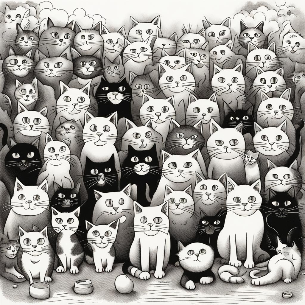 Cats Cartoon in Gary Larson Style, Detailed