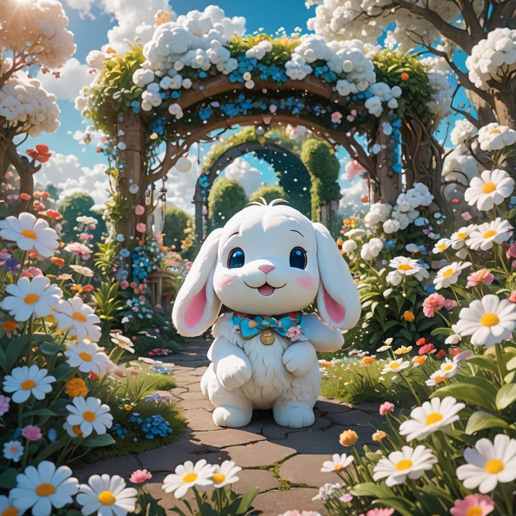 Cinnamoroll in Whimsical Garden: Fantasy Concept Art