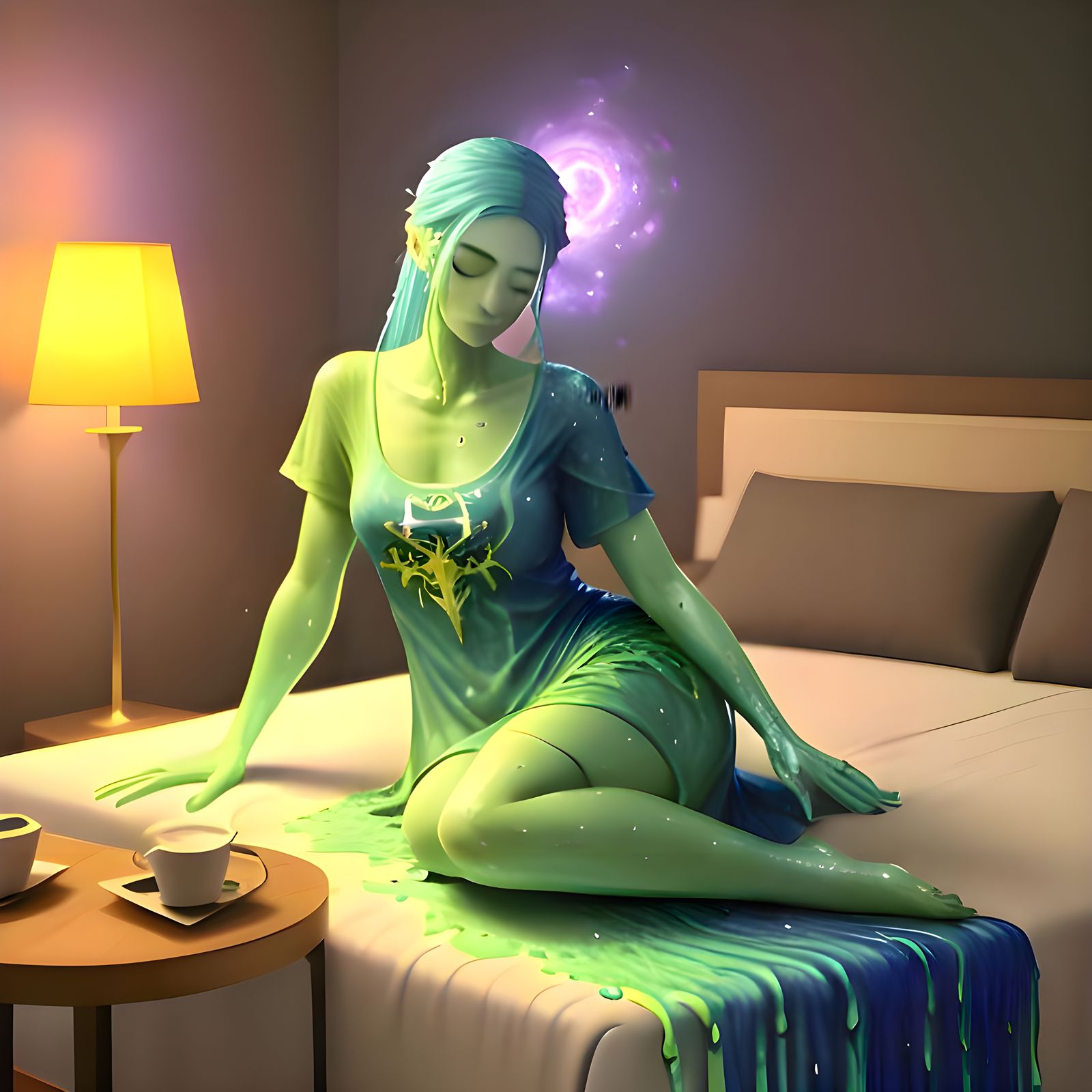 Slime Covered Figure Asleep in Hotel Room