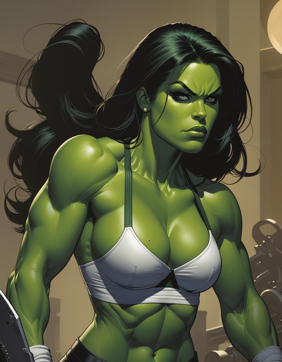 She-Hulk Workout Portrait in Comic Book Style