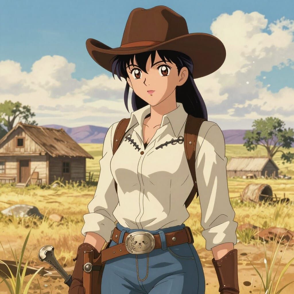 Anime Woman in Western Movie Poster