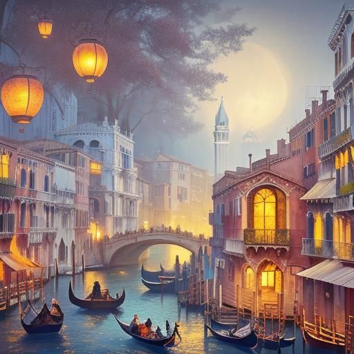 Mystical Venice Gondola at Night: Fantasy Illustration