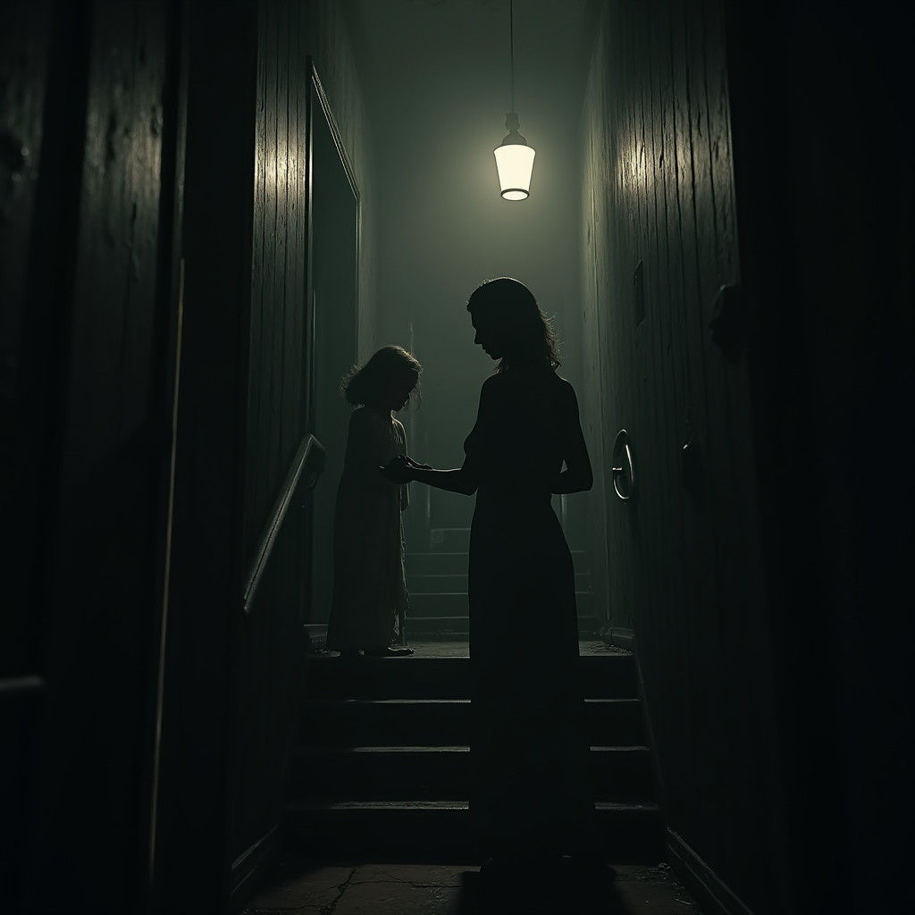 Eerie Night: Girl and Mother in Fear, Horror Art