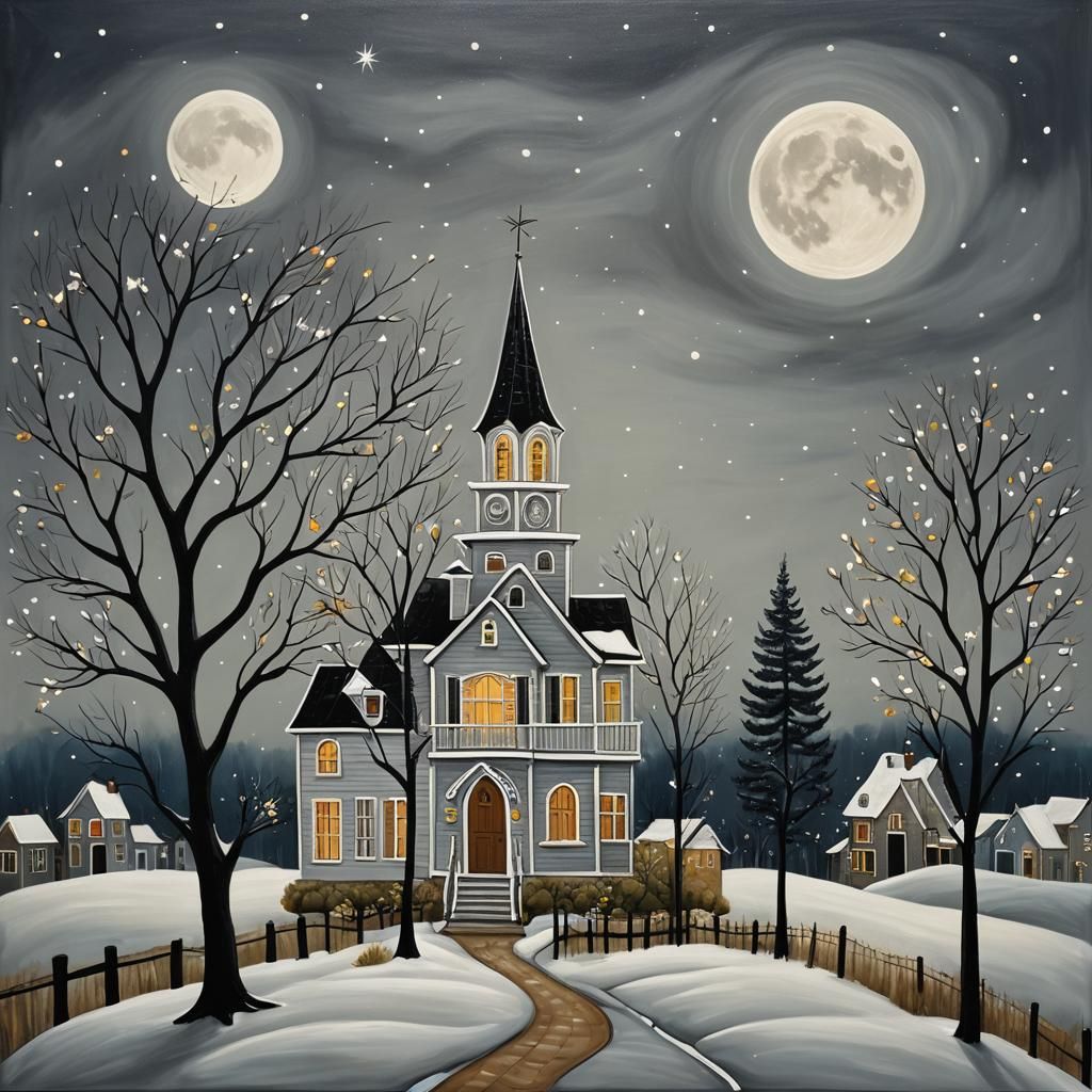 Folk Art Landscape Under Silvery Moon