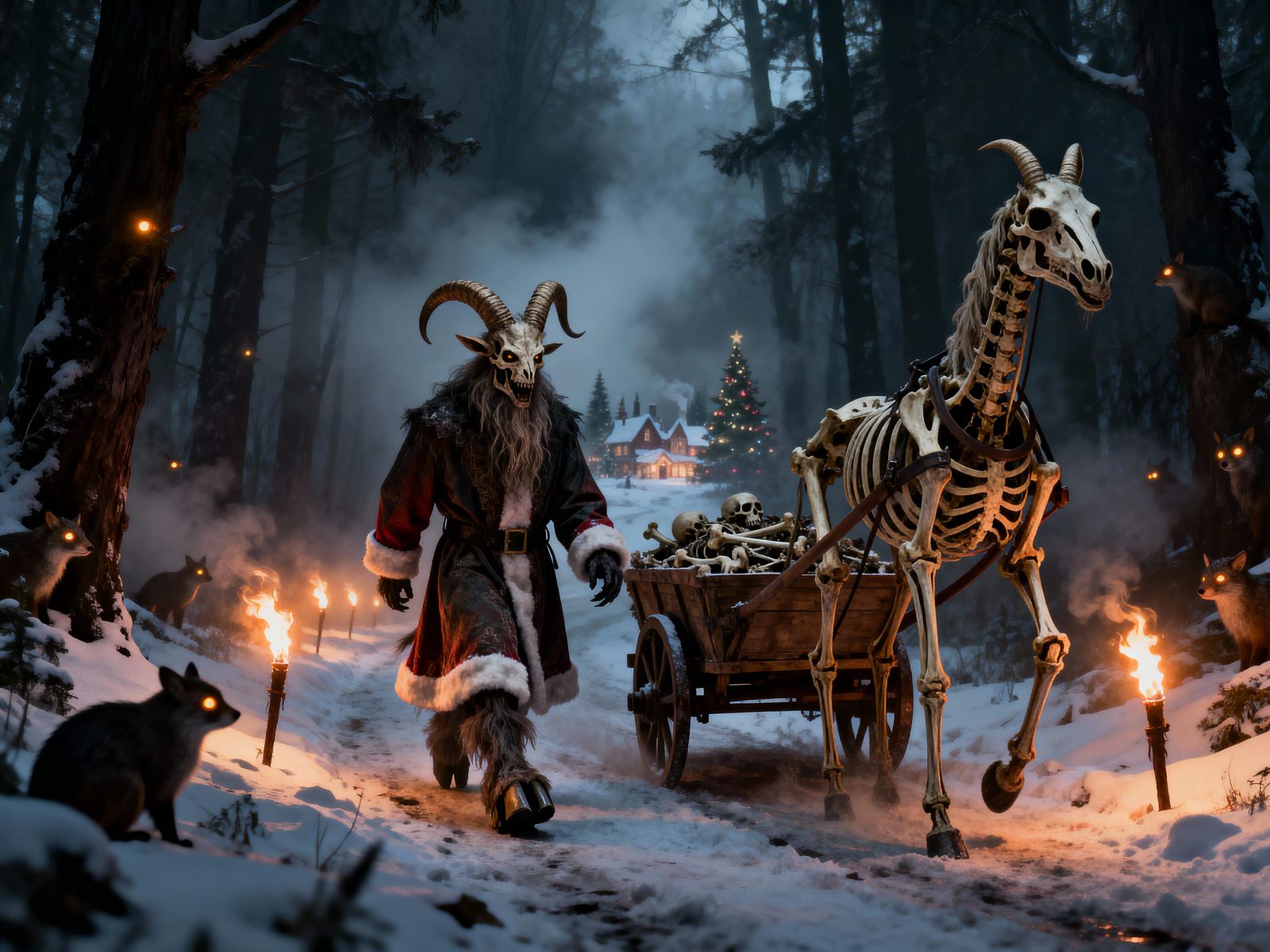 Skeletal Krampus and Horse in Dark Fantasy Forest
