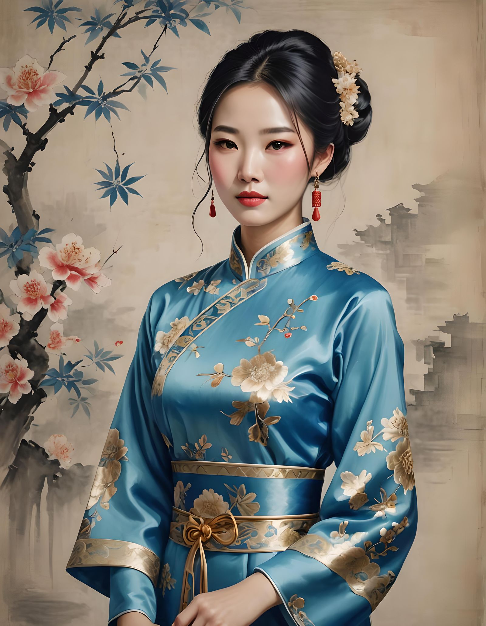Beautiful Chinese Woman in Traditional Blue Dress Portrait