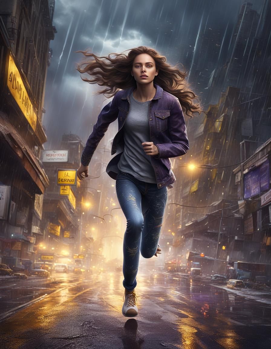 Woman Running in Storm, Urban Fantasy Style
