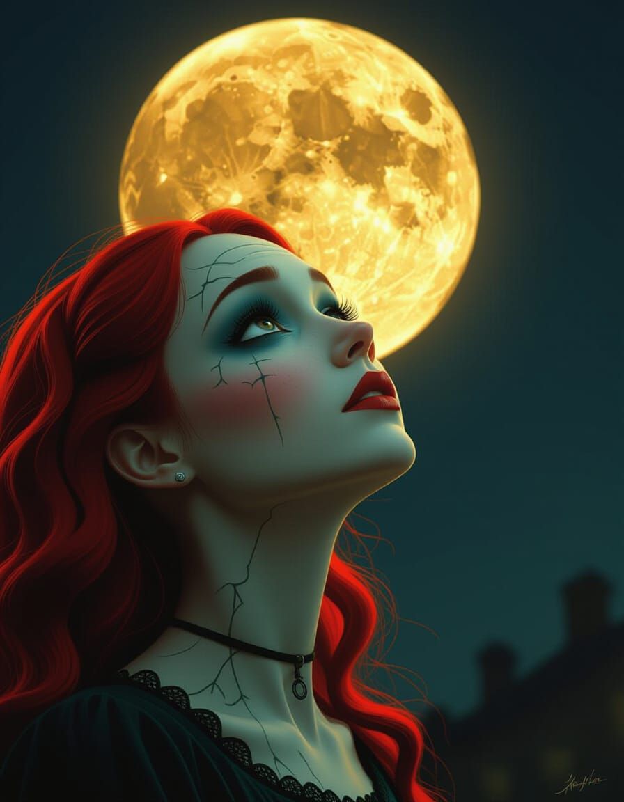 Gothic Portrait of Redhead Gazing at Moon in Dark Fantasy