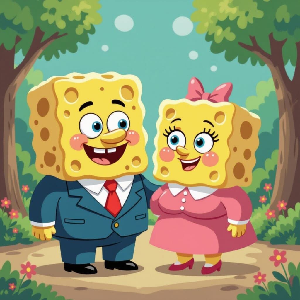 SpongeBob's Parents in Whimsical Storybook Illustration