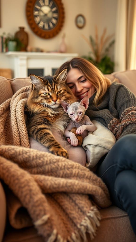 Cozy Maine Coon and Sphynx Kitten Cuddle