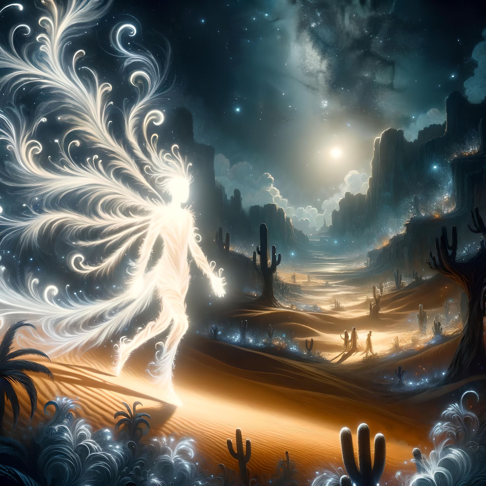 Luminous Figure in Desert, Romantic Watercolor Style