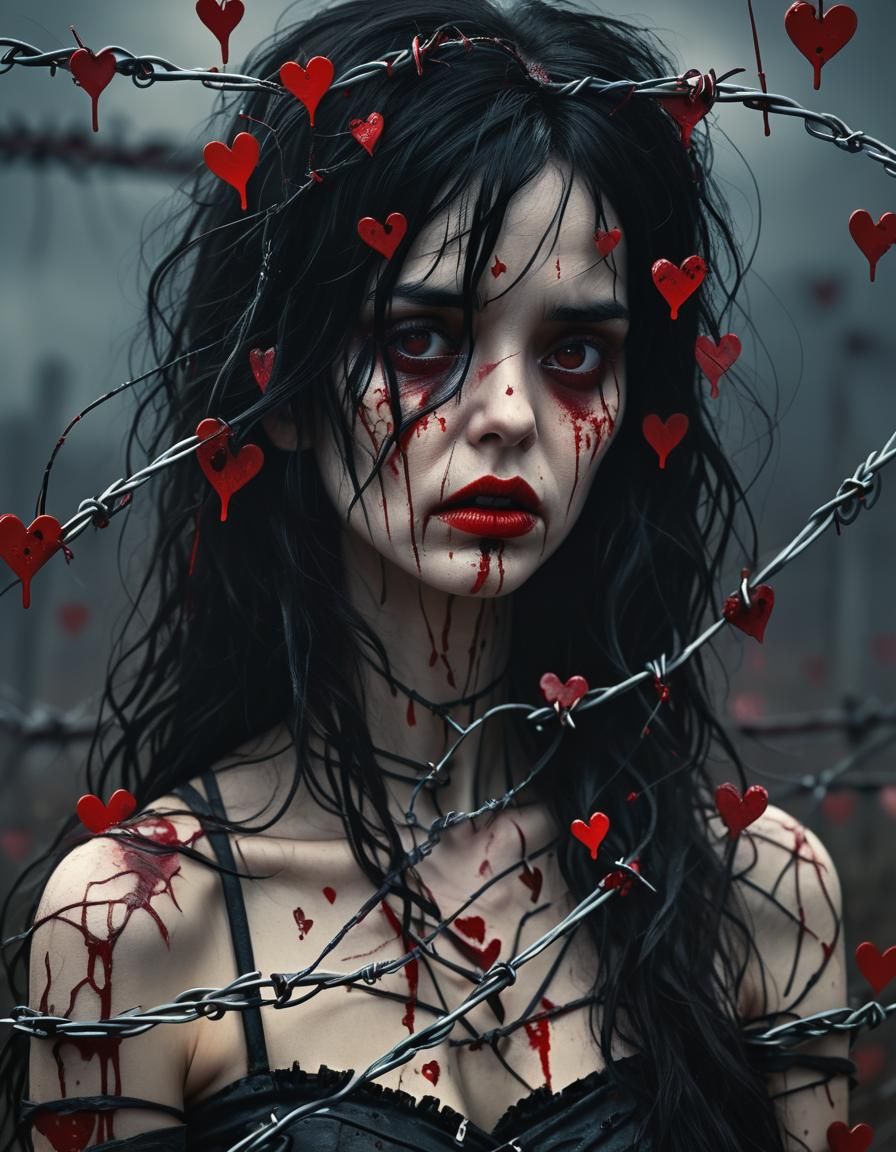 Sad black haired woman  holding Barbed wire laced with oozin...