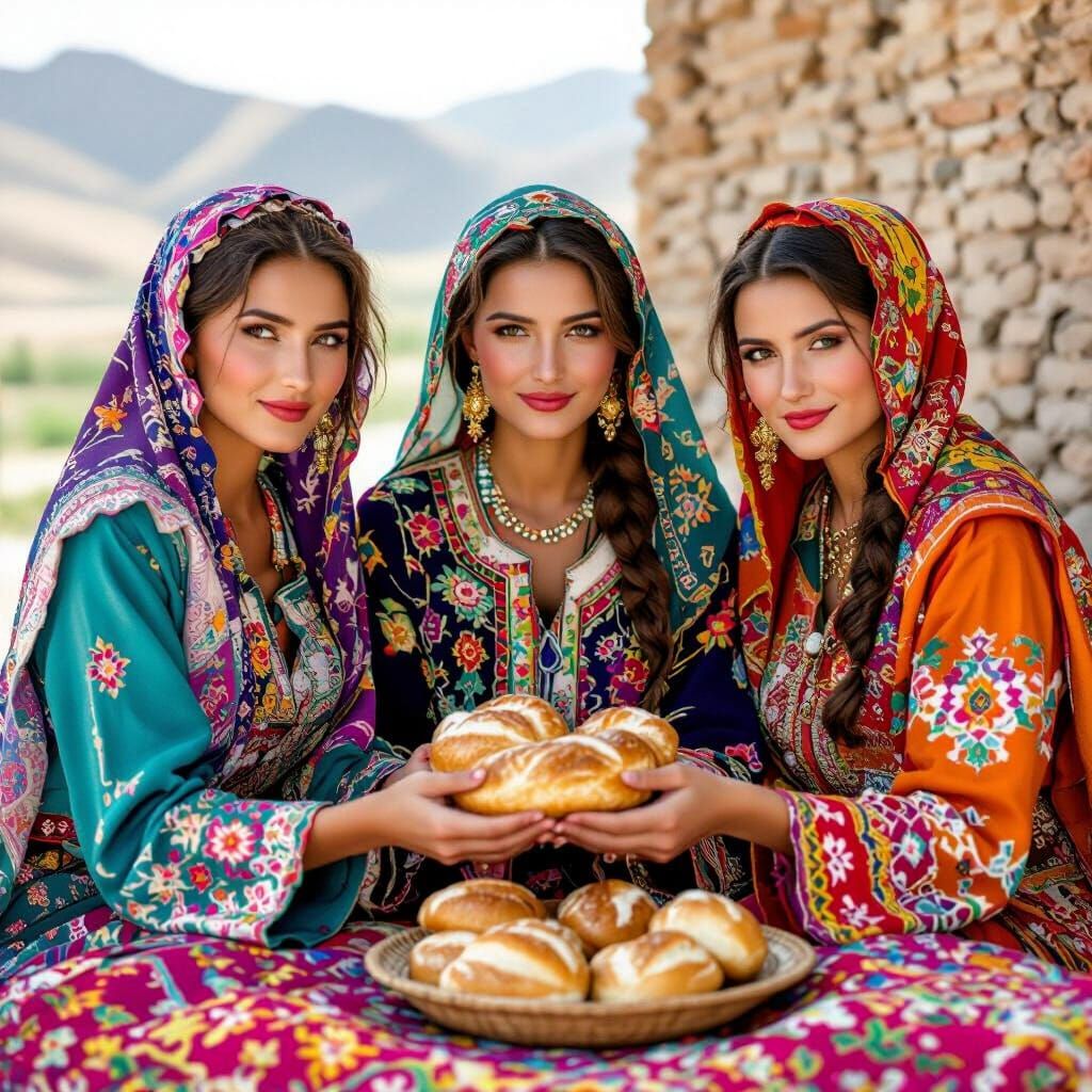 Tajik Women Offering Bread in Traditional Style