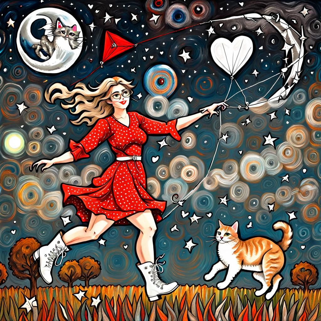 Woman Flying Moon Kite in Ink Print Style