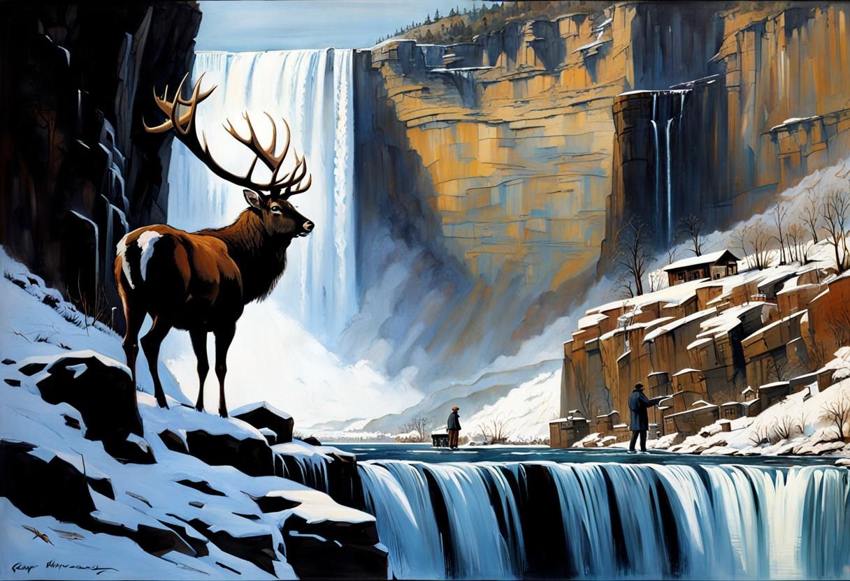 Stag at Frozen Waterfall in Winter Landscape