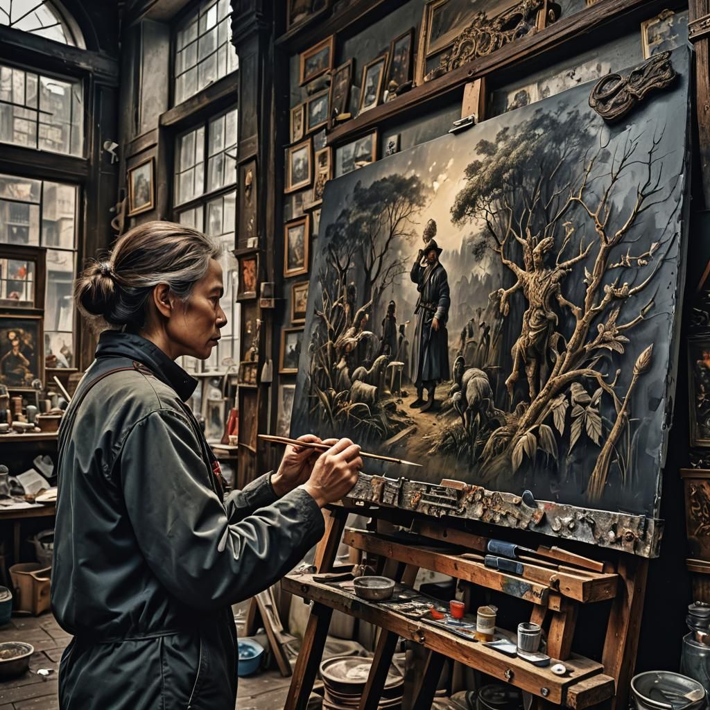 Hyperrealistic Artist Painter in Cinematic Style