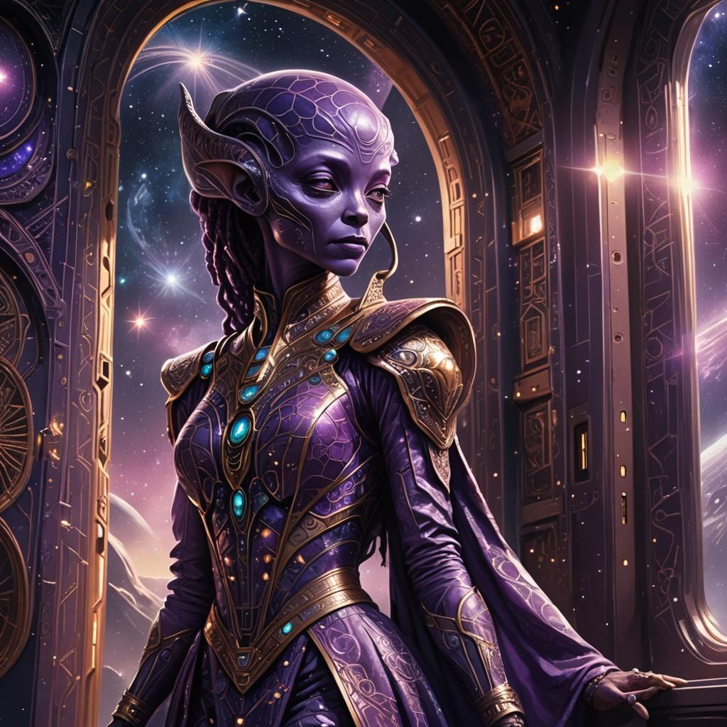Purple Alien Stargazing in Space: Concept Art
