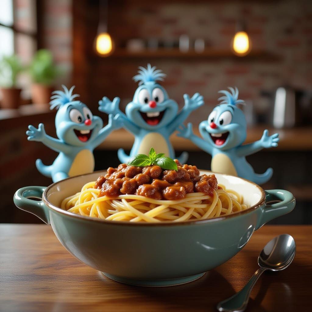 Funny Microbes Dancing on Spaghetti Bolognese in Cartoon Sty...