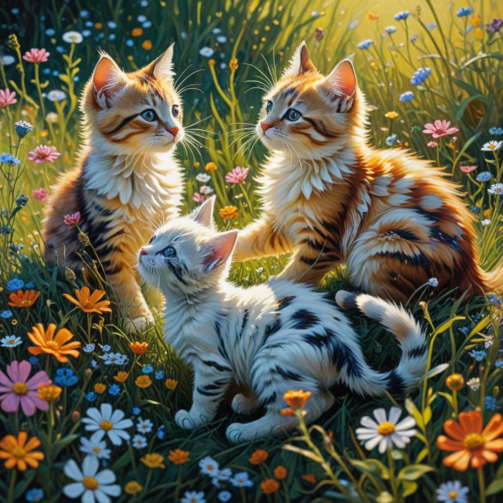 Kittens Play in Twisting Meadow: Escher-Inspired Art