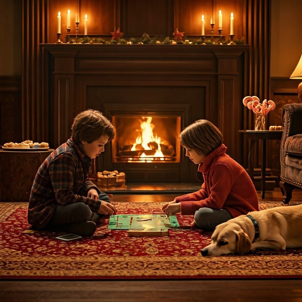 Cozy Children's Monopoly Game by Fireplace