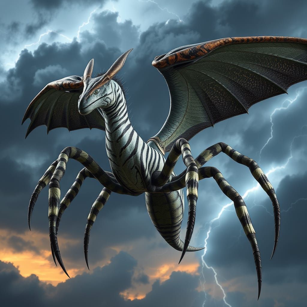 Mythical Spider-Zebra-Pterodactyl Hybrid Soars Through Storm...
