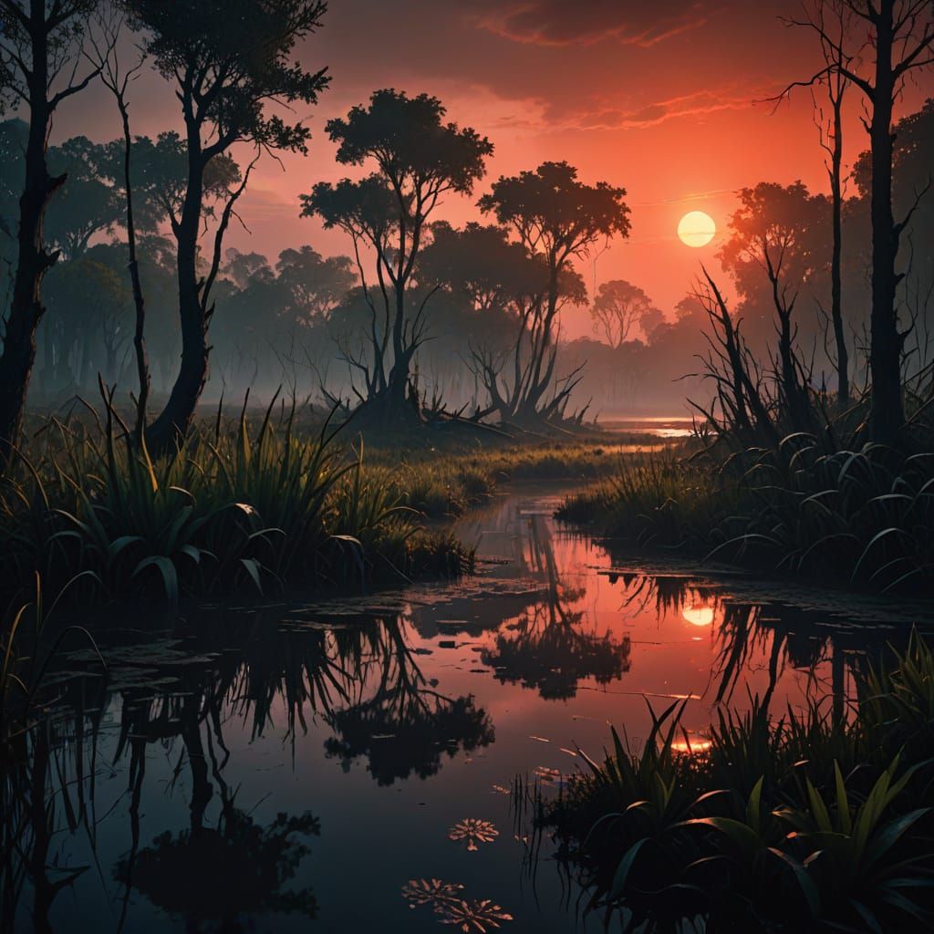 Ethereal Red Sun Over Dark Swamp Landscape